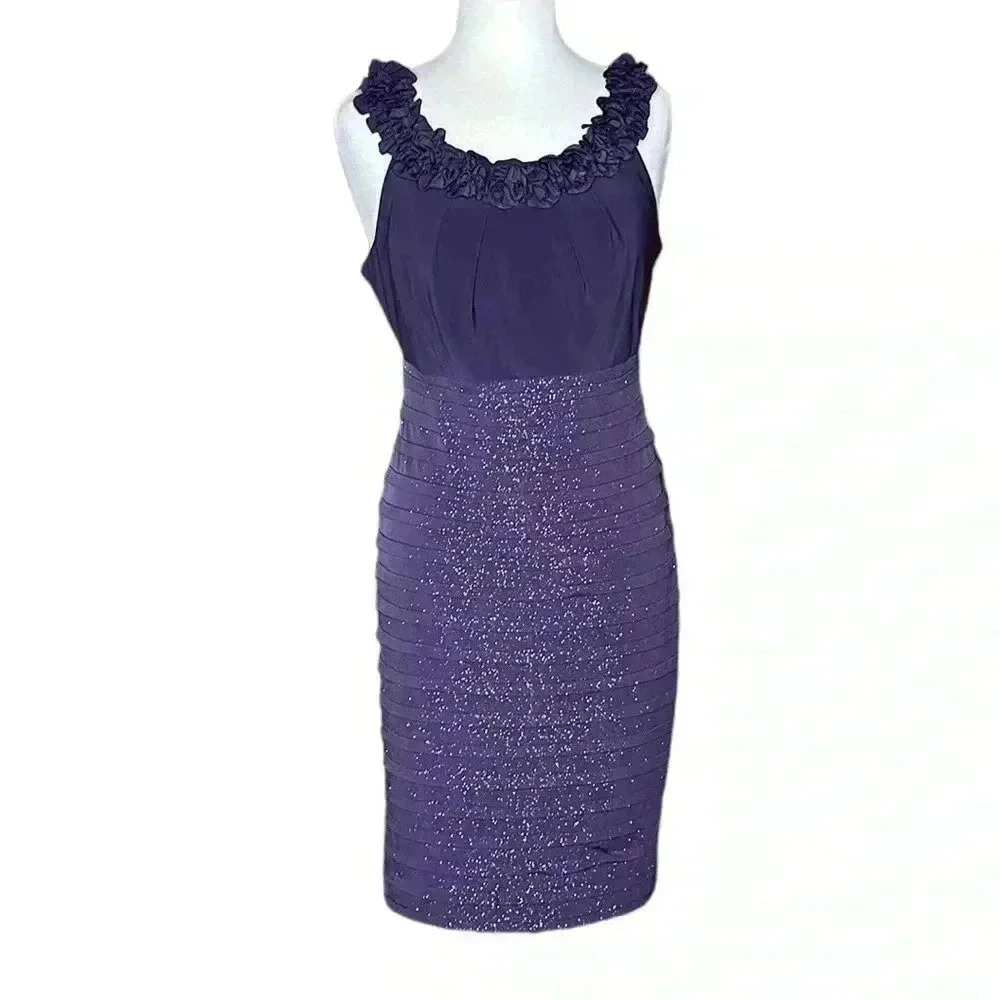 R&M Richards Size 14 Formal cocktail dress Purple sparkly skirt floral collared - Picture 2 of 9